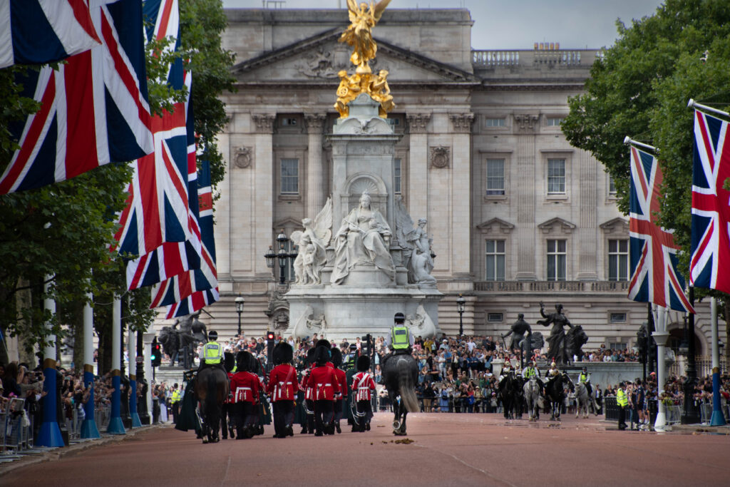 Royal Guards marching to Buckingham Palace during the Changing of the Guard Ceremony