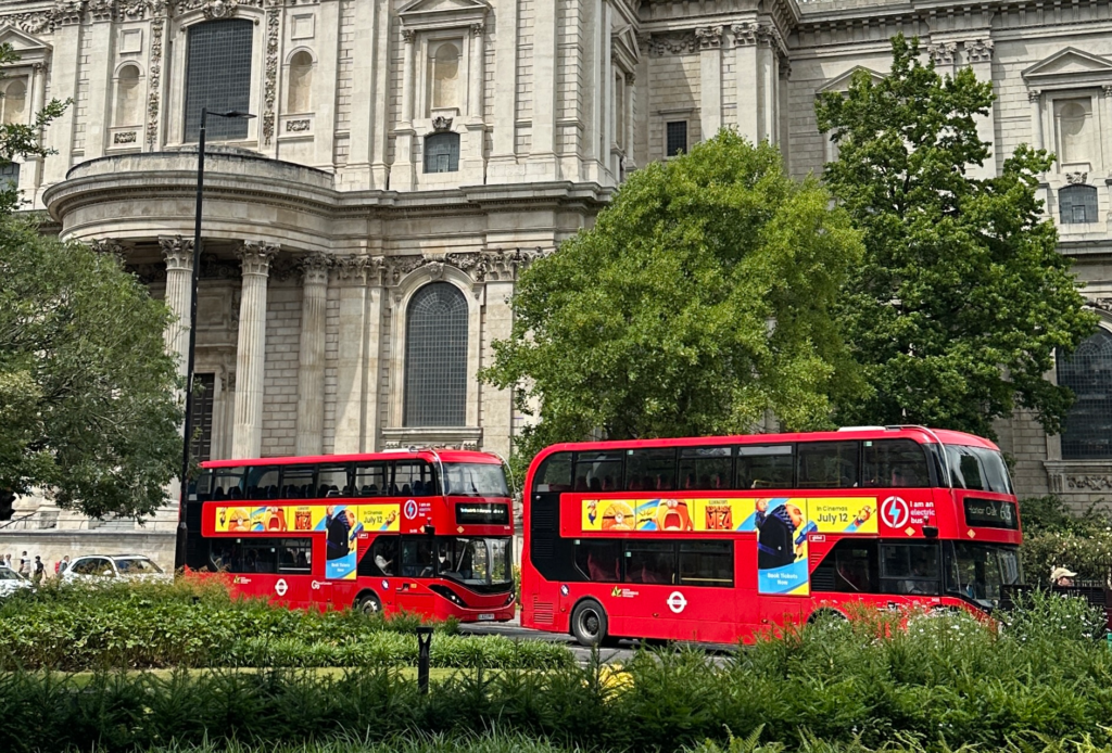 London red double-decker bus in front of St Paul's Cathedral