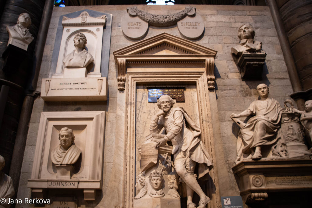 Westminster Abbey’s Poets’ Corner showing engraved memorials to British literary figures, including Shakespeare