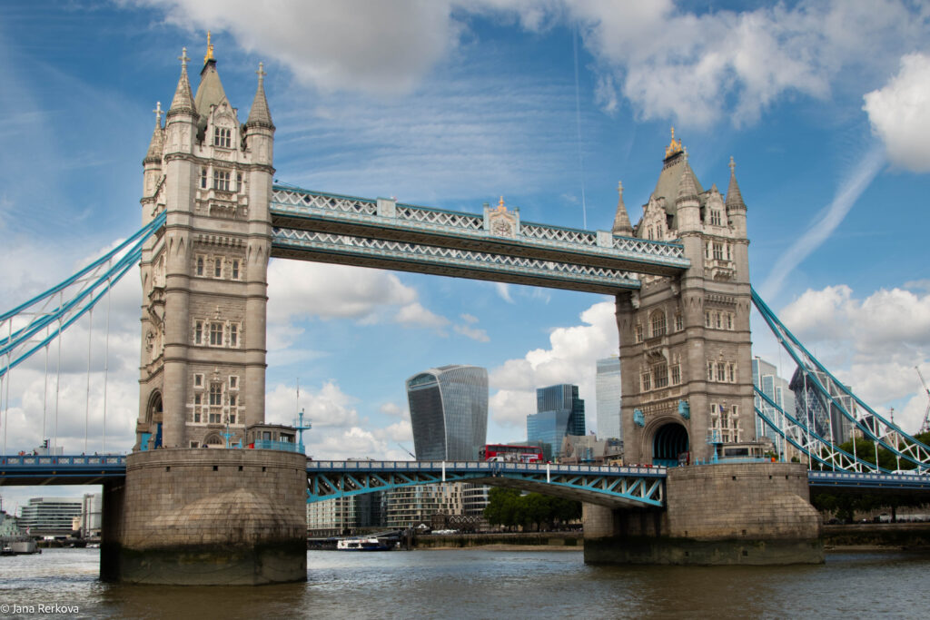 Tower Bridge with the City of London in the background.