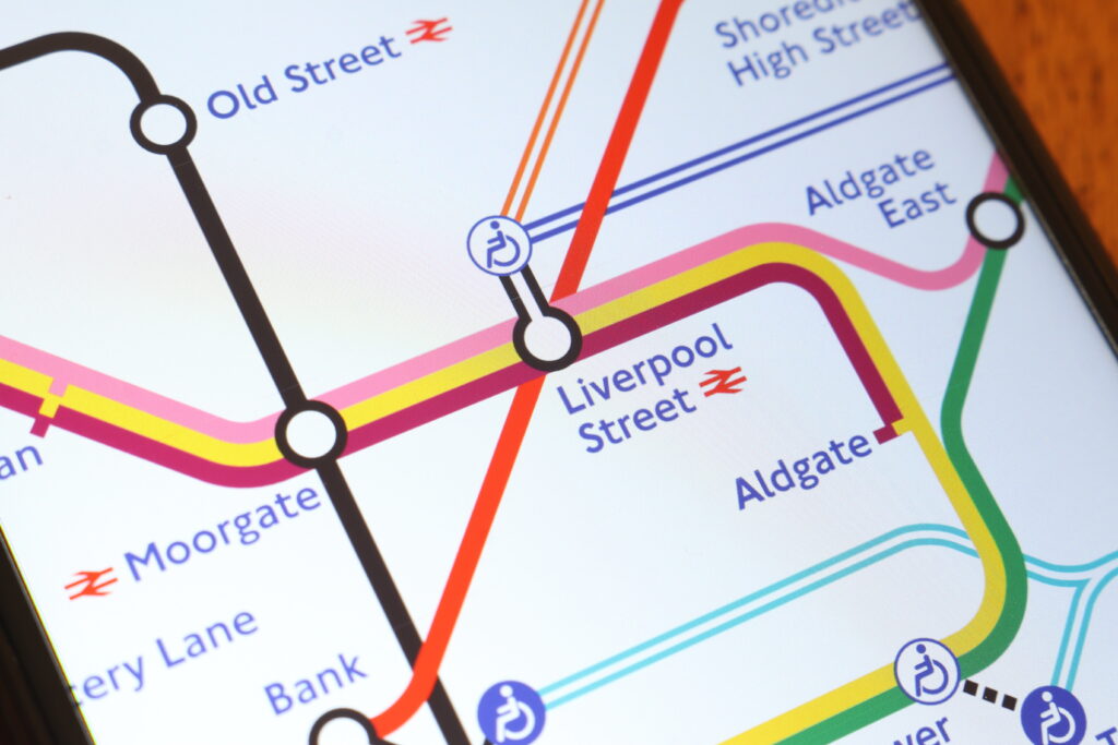 A mobile app showing the map of London underground.