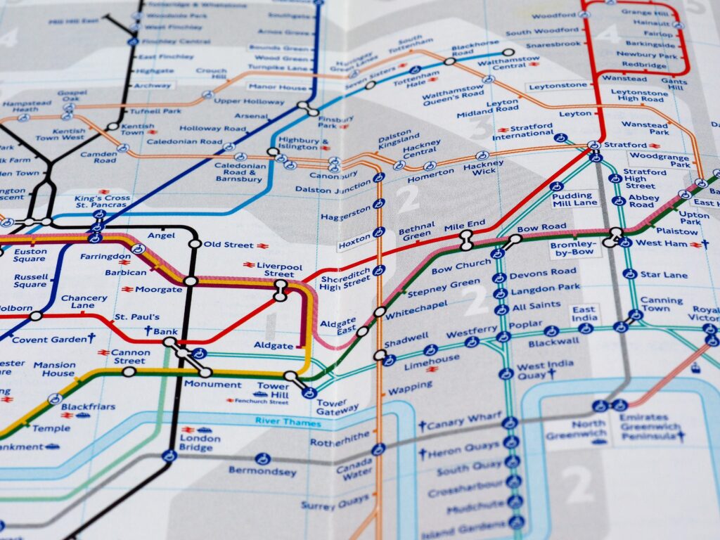 London paper underground map with transport zones 1,2,3,4 showing. 
