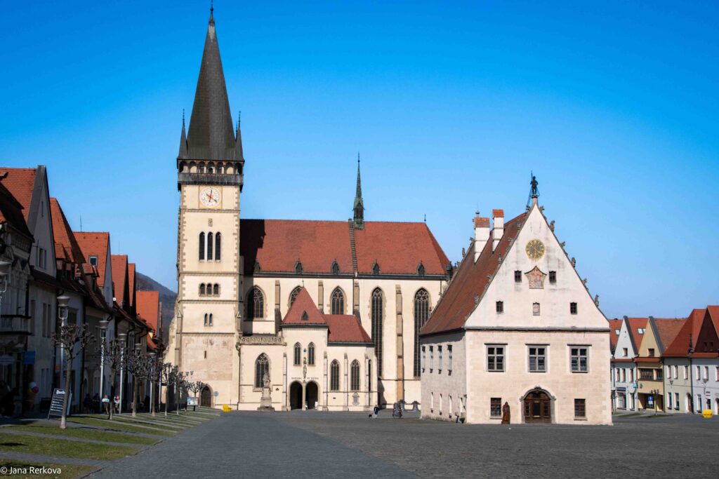 Bardejov Town Square with the Town Hall, Basilica of St Giles at the back.