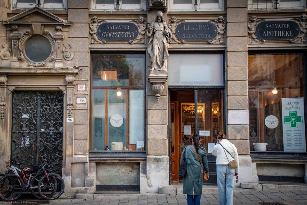 Exterior view of the famous historic Salvator Pharmacy building in the old town area of Bratislava