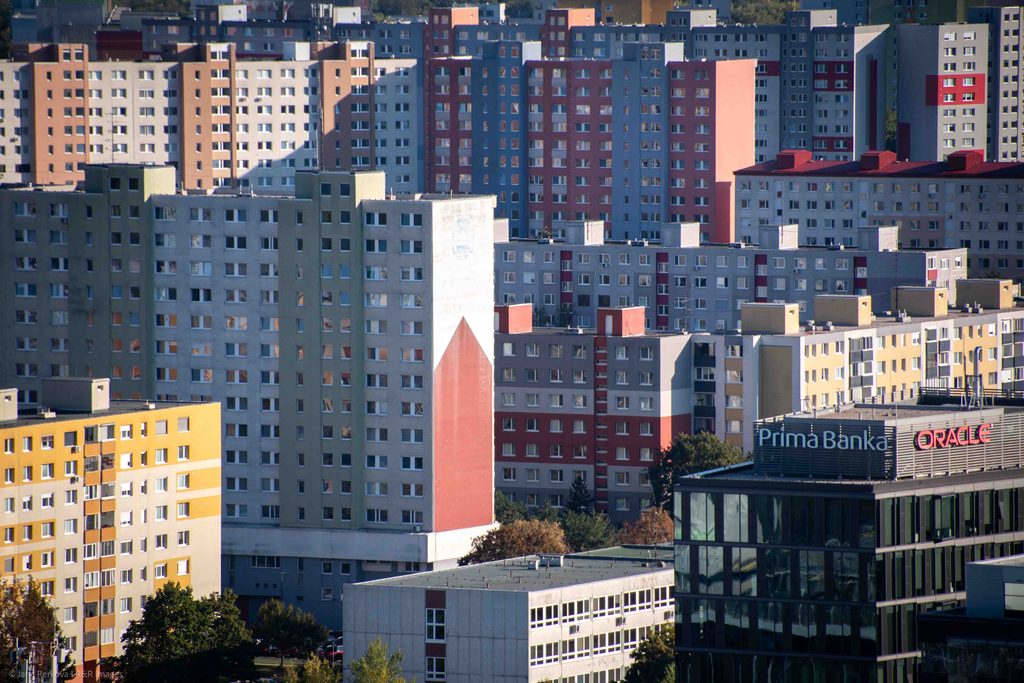 The urban landscape of Petržalka viewed from Bratislava's UFO tower.