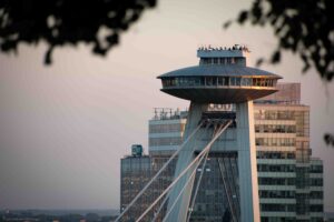 Close-up architectural detail of the retro-futuristic UFO observation deck in Bratislava.