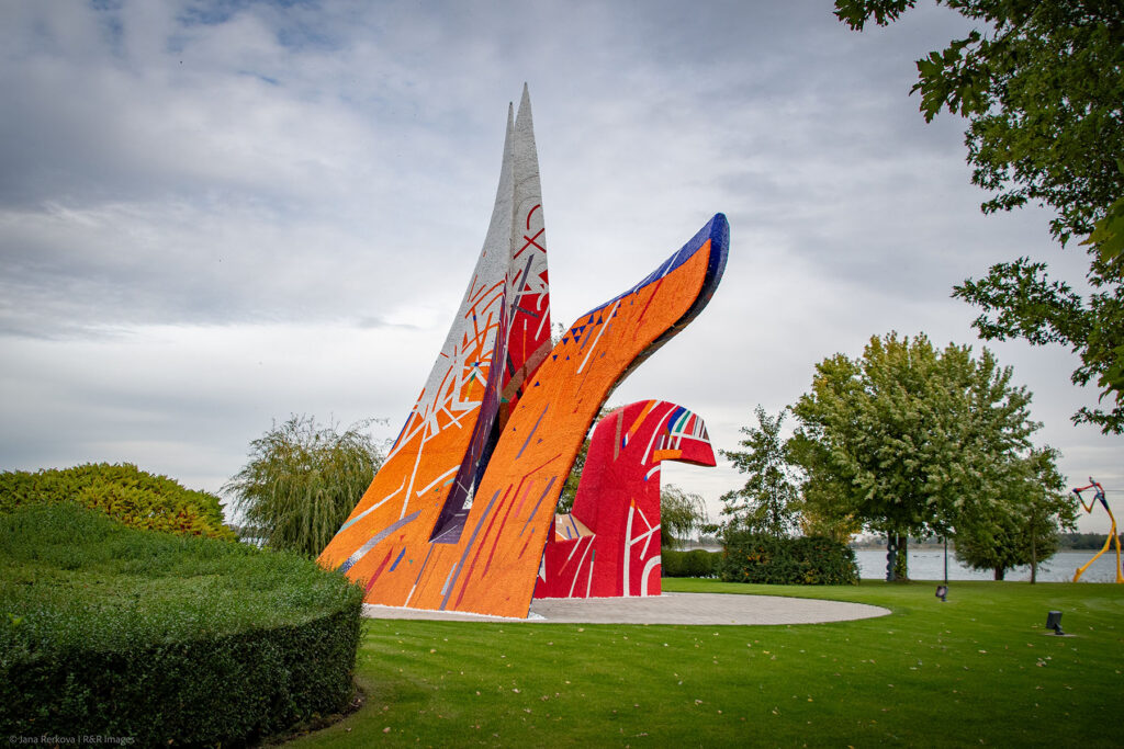 The sculpture "Danube Wings" by Slovak artist Peter Pollág, located in the outdoor park of the Danubiana Meulensteen Art Museum near Bratislava, Slovakia.